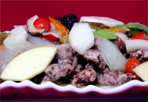 Sweet and Sour Fried Beef with Fruits topping